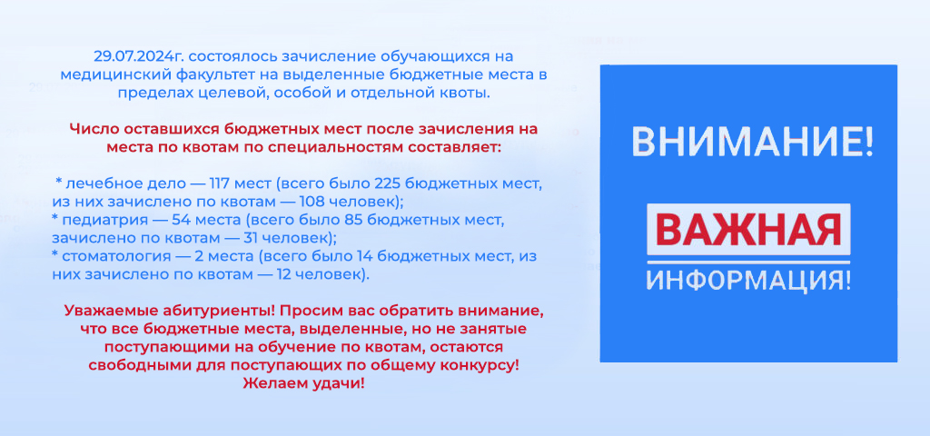 Важная информация о дополнительном количестве бюджетных мест для поступающих на медицинский факультет ЧГУ им. И.Н.Ульянова по общему конкурсу!